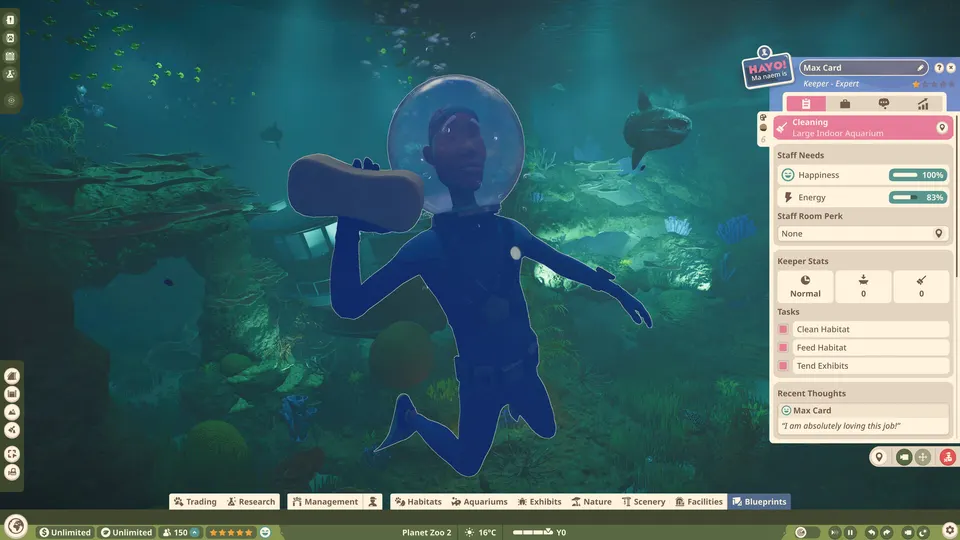 A diving keeper with the keeper card and task list open in an aquarium in Planet Zoo 2
