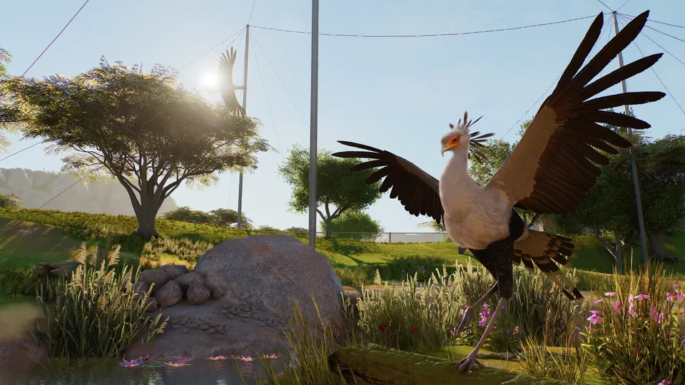 A secretarybird spreading its wings in a savanna habitat in Planet Zoo 2