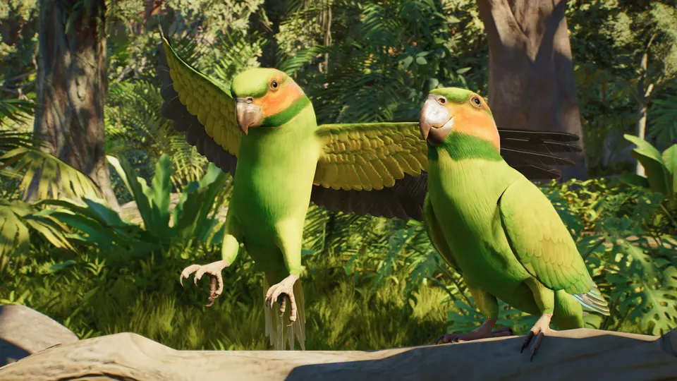 Two green parakeets perched on a branch in a tropical habitat in Planet Zoo 2